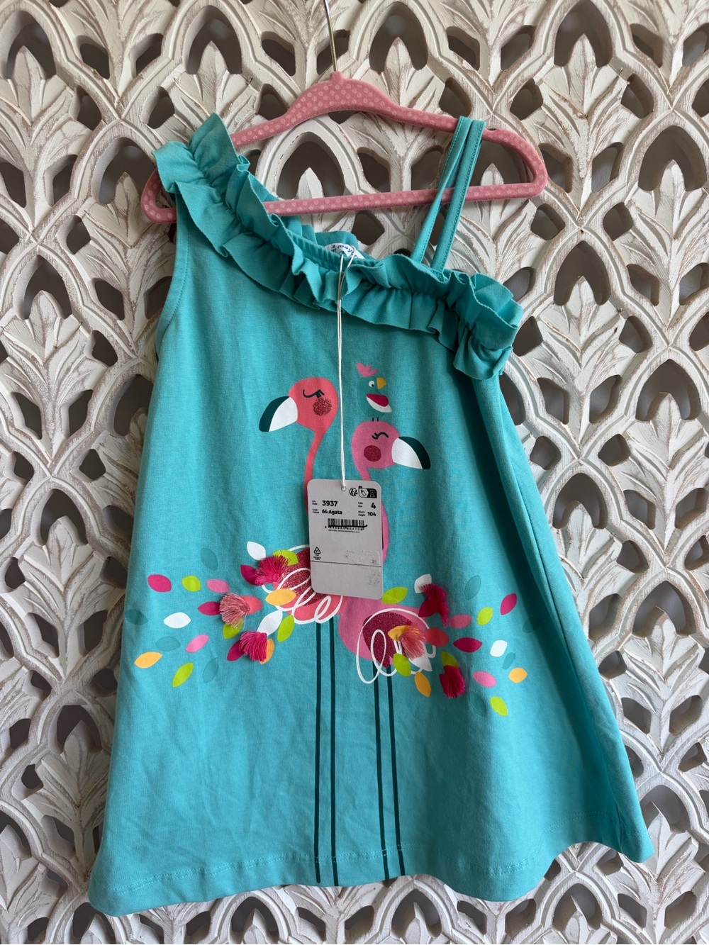 NWT Mayoral Girls Flamingo Tassel Dress Size 4Y Turquoise Ruffle
